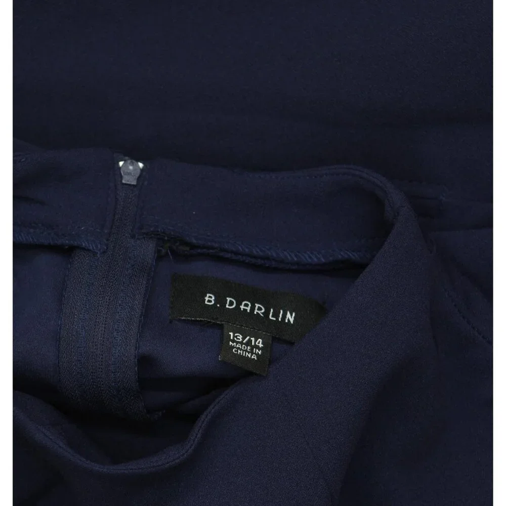 NWT B. Darlin Sleeve Mockneck Fit Flare Faux Pocket Mini Dress Navy Blue 13/14